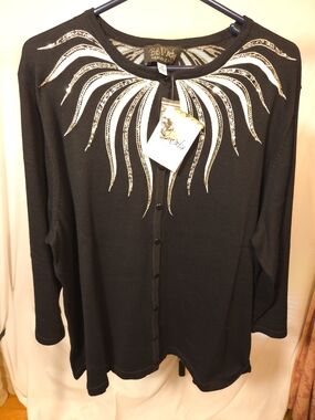 Bob Mackie Black Cardigan with Metallic Leopard Trim